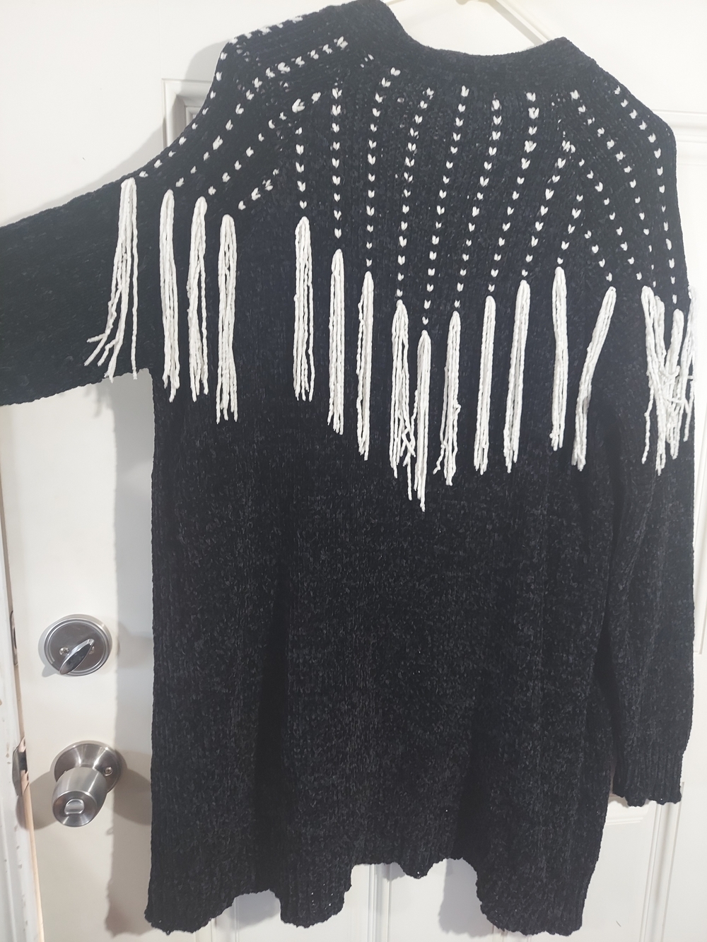 CATO Fringed Chenille Knit Sweater - Black with White Accent LARGE